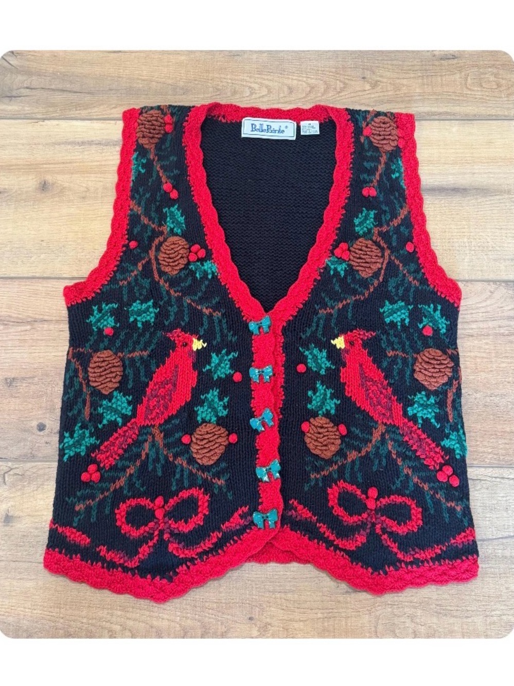 Vintage Black & Red Holiday Sweater Vest with Cardinal Knit